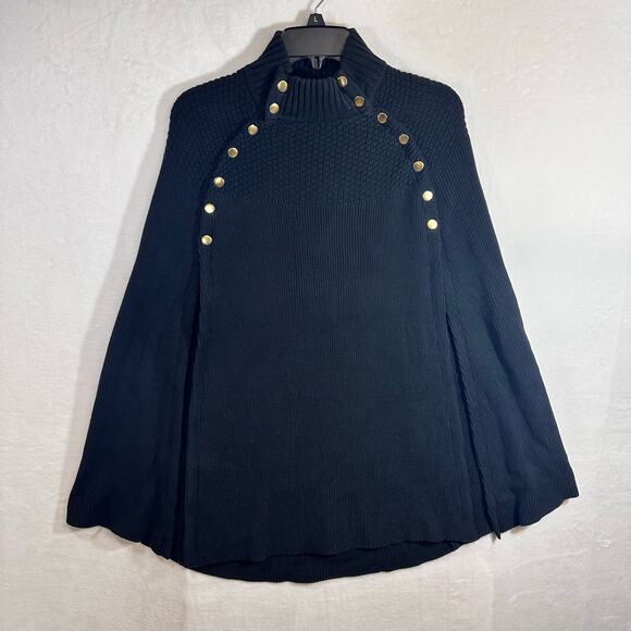 GILI Sweater Poncho Cape Knitted Ribbed Mock Neck Black XS/Small Clasp Regency - Picture 2 of 10